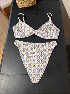 Dippin' Daisy's White Bikini with Blue and Red Tile Print